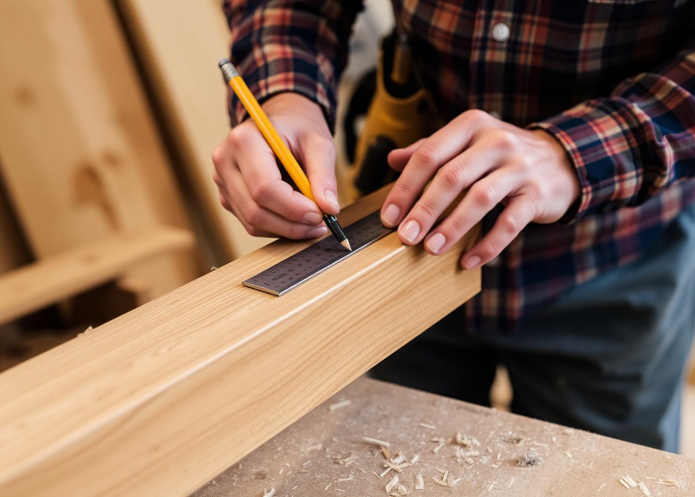Timmerman meet een eiken balk op